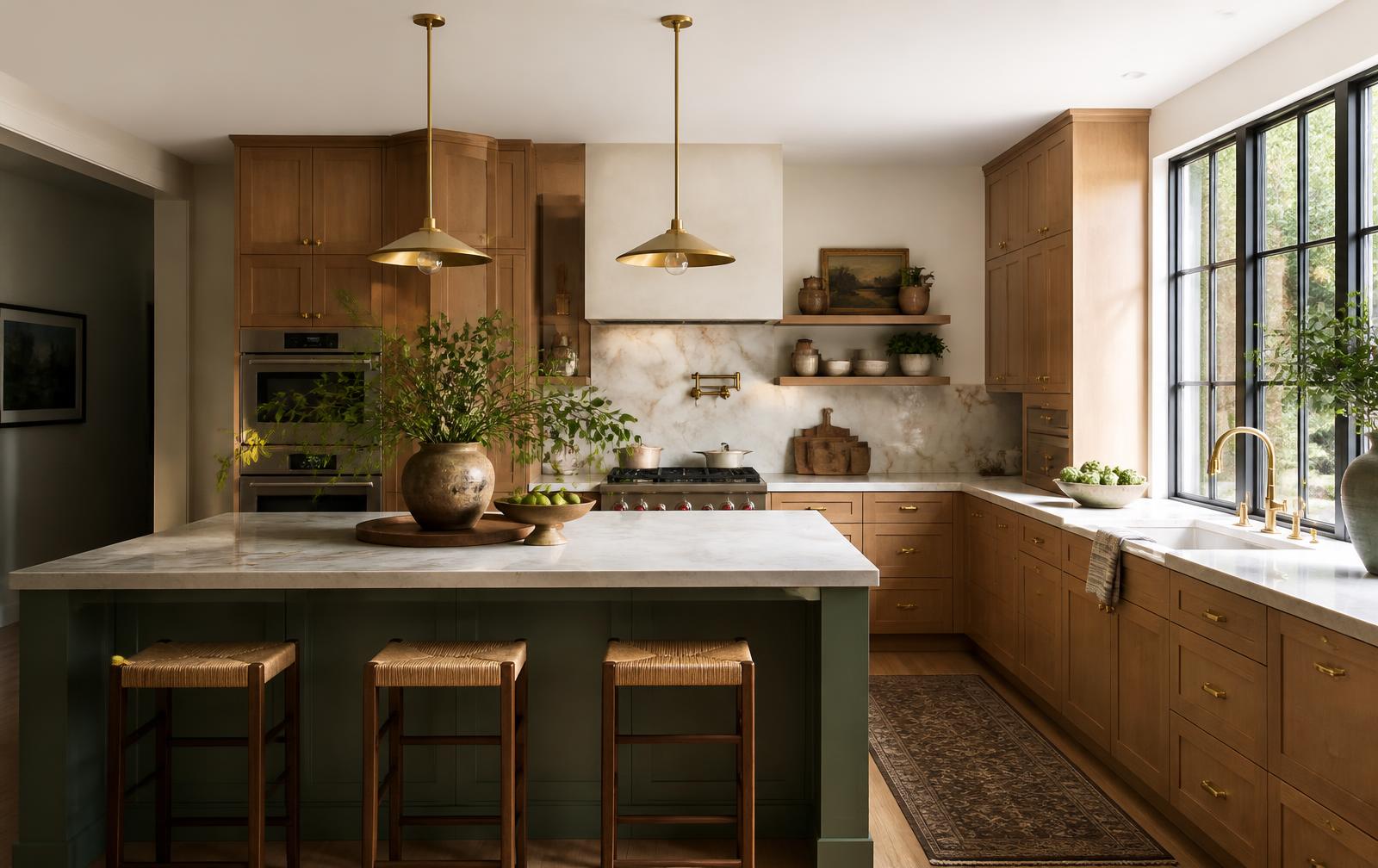 A renovated kitchen with natural wood cabinetry and green island